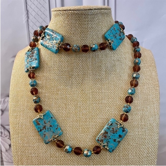 Vintage Joan Rivers Blue Turquoise & Smoky Topaz Gold Necklace - Picture 2 of 10